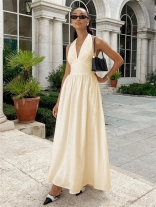 Beige Halter Deep V Neck Slim Fit Waist Casual Street Long Dress