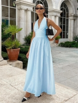 Blue Halter Deep V Neck Slim Fit Waist Casual Street Long Dress