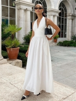 White Halter Deep V Neck Slim Fit Waist Casual Street Long Dress