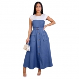Blue Elegant Office Lady Denim Jeans Belted Pocket A-Line Casual Midi Skirt Dress