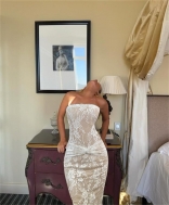 White Strapless Lace Hollow Out Evening Elegant Lining Formal Midi Dress