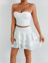 White Off the Shoulder Two Pieces Crop Tops Solid Ruffles Cake Mini Dress Sets