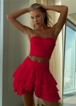 Red Off the Shoulder Two Pieces Crop Tops Solid Ruffles Cake Mini Dress Sets