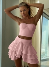 Pink Off the Shoulder Two Pieces Crop Tops Solid Ruffles Cake Mini Dress Sets