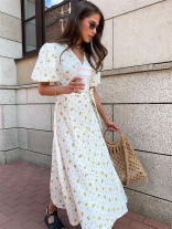 Yellow Short Sleeve V Neck Printing Lace Up Fashion Summer Maxi Dress