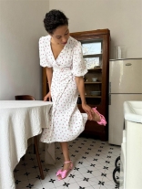 Red Short Sleeve V Neck Printing Lace Up Fashion Summer Maxi Dress