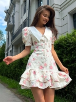 White Short Sleeve Printed Floral Button Fashion Ruffles Skirt Dress