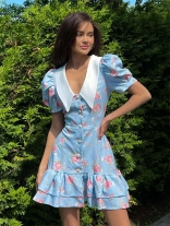 Blue Short Sleeve Printed Floral Button Fashion Ruffles Skirt Dress