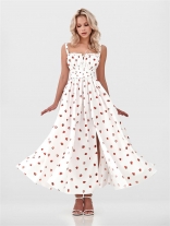 White Straps N Neck Printed Fashion Summer Pleated Slit Long Dress