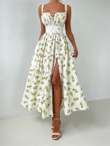 Beige Straps N Neck Printed Fashion Summer Pleated Slit Long Dress