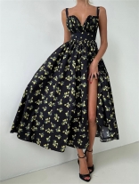 Black Straps N Neck Printed Fashion Summer Pleated Slit Long Dress