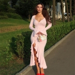 Pink Long Sleeve Mesh Single-Breasted Evening Ruffles Elegant Long Dress
