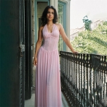 Pink Sleeveless Halter V Neck Mesh Elegant Women Ruched Formal Maxi Dress