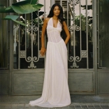 Beige Sleeveless Halter V Neck Mesh Elegant Women Ruched Formal Maxi Dress