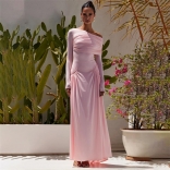 Pink Long Sleeve Mesh Pleated Women Elegant Ruched Summer Long Dress