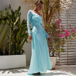 Blue Long Sleeve Mesh Pleated Women Elegant Ruched Summer Long Dress