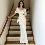 White Halter Sleeve Printed Casual Satin Women Prom Maxi Dress