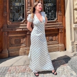 White Short Sleeve Printed Dot V Neck Women Summer Fashion Maxi Dress