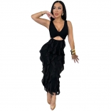 Black Sleeveless V Neck Cut Out Ruffles Bodycon Zipper Back Slit Evening Party Dress