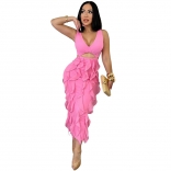 Pink Sleeveless V Neck Cut Out Ruffles Bodycon Zipper Back Slit Evening Party Dress
