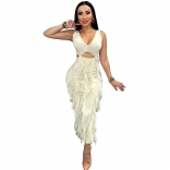 White Sleeveless V Neck Cut Out Ruffles Bodycon Zipper Back Slit Evening Party Dress
