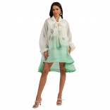 Green Long Sleeve Lace Up Printed Loose Fit Fashion Skirt Dress