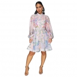 Light Blue Printed Floral Single Breasted Elegant Skirt Mini Dress with Belt