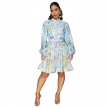 Light Blue Printed Floral Single Breasted Elegant Skirt Mini Dress with Belt