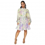 Light Blue Printed Floral Single Breasted Elegant Skirt Mini Dress with Belt