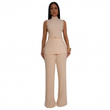 Beige Sleeveless O Neck Knitted Two Pieces Bodycon Pant Sets