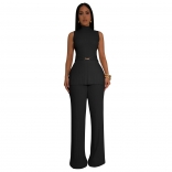 Black Sleeveless O Neck Knitted Two Pieces Bodycon Pant Sets