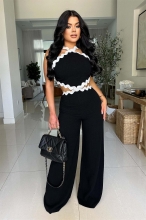 Black Halter Sleeveless Cut Out Wavy Wide Leg Casual Styles Jumpsuit Dress