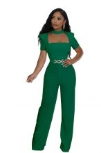 Green Short Sleeve Square Halter Neck Chains Bodycon Sexy Jumpsuit