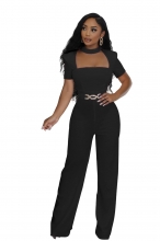 Black Short Sleeve Square Halter Neck Chains Bodycon Sexy Jumpsuit