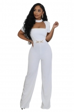 White Short Sleeve Square Halter Neck Chains Bodycon Sexy Jumpsuit