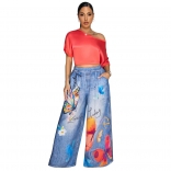 Blue Red Women's Fashion Printed Floral Pant Trousers