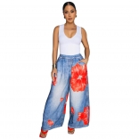 Red Flowers Women's Fashion Printed Floral Pant Trousers