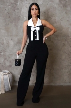 Black Halter V Neck Rhinestones Button Bow Knot Bodycon Women Elegant Jumpsuit