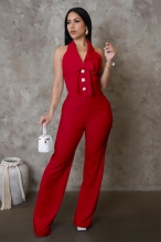 Red Halter V Neck Rhinestones Button Bow Knot Bodycon Women Elegant Jumpsuit
