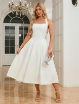 White Straps Square Neck Women's Casual Boho Skirt Long Dress