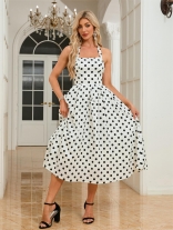 White Straps Square Neck Printed Dots Fashion Boho Beach Long Dress