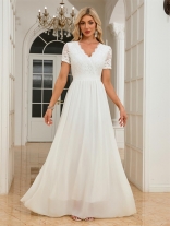White Lace Short Sleeve Hollow Out Women's Wedding Elegant Long Dress