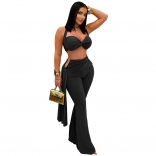 Black Straps Low Cu Crop Tops Cut Pleated Sexy Pant Sets