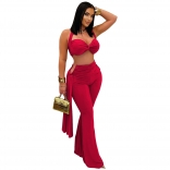 Red Straps Low Cu Crop Tops Cut Pleated Sexy Pant Sets