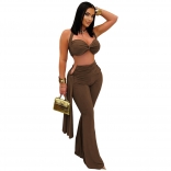 Brown Straps Low Cu Crop Tops Cut Pleated Sexy Pant Sets