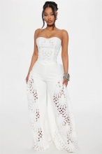 White Off Shoulder Lace Hollow Out Two Pieces Office Lady Sexy Jumpsuit