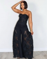 Black Off Shoulder Lace Hollow Out Two Pieces Office Lady Sexy Jumpsuit