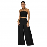 Black Off Shoulder Halter Neck Lace Up Bandage Two Pieces Pant Sets Wide Leg Dress