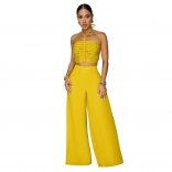 Yellow Off Shoulder Halter Neck Lace Up Bandage Two Pieces Pant Sets Wide Leg Dress