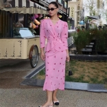Pink Printed Two Pieces Long Sleeve Irregular Tops Slim Fit Bodycon Club Midi Skirt Dress